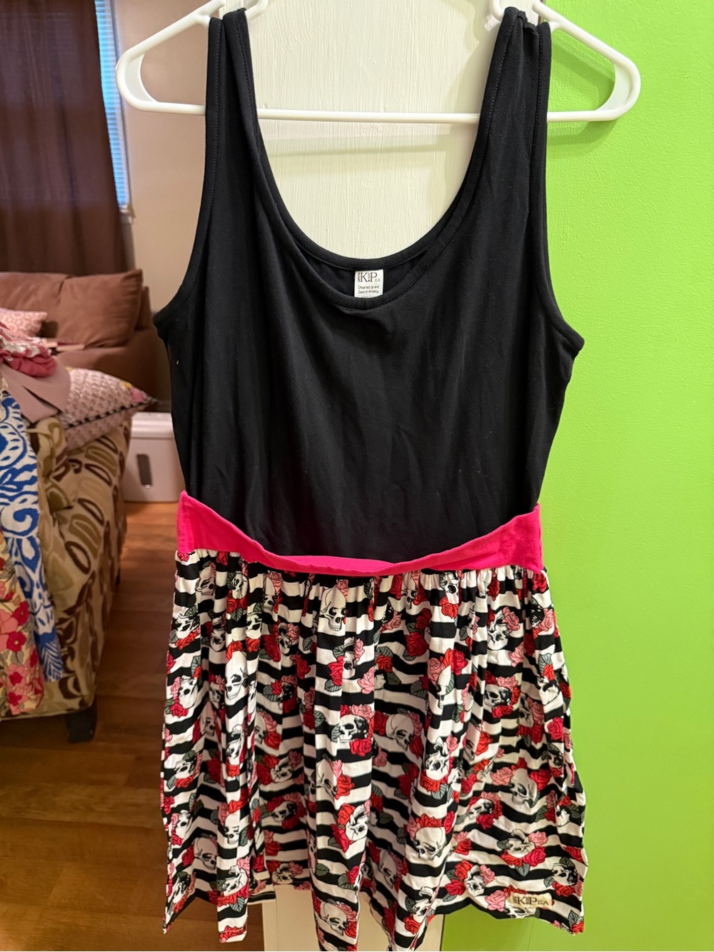 Kpea Women's Black Tank Mini Dress with Floral-Striped Skirt